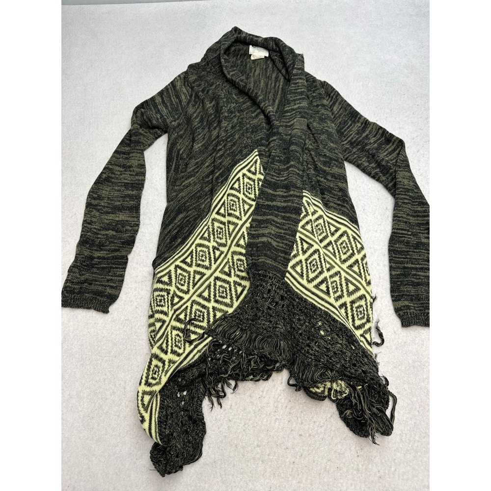 Billabong Cardigan Sweater Women's Small Gray Green Aztec Fringe Open Knit Boho